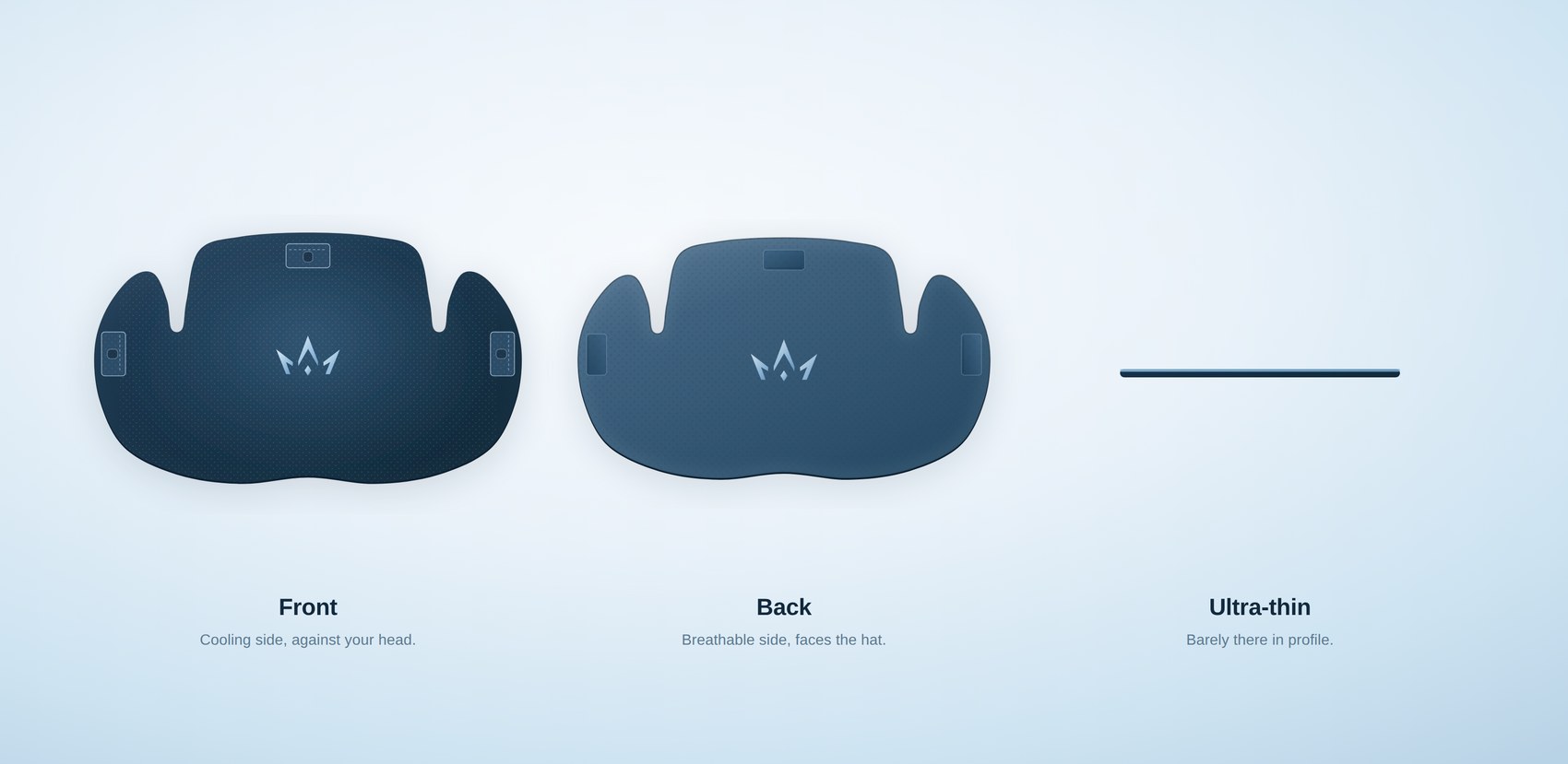 The CrownCool liner: front (cooling side), back (breathable side), and ultra-thin side profile.